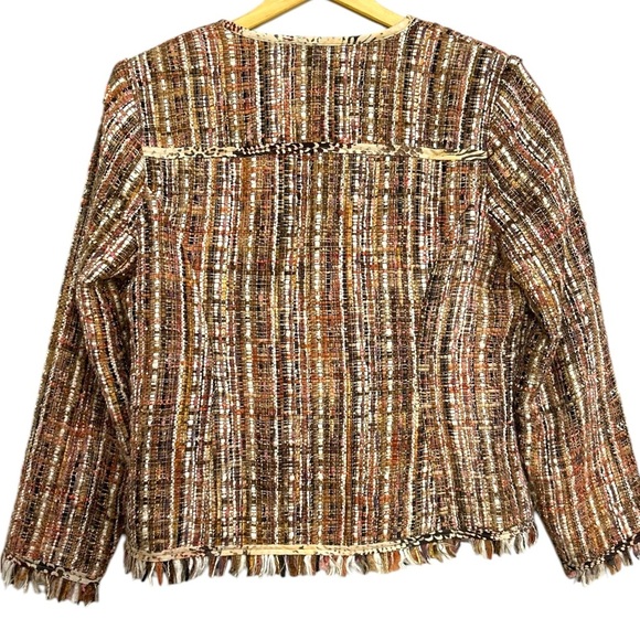 Chicos Womens Fringe Tweed Ina Wool Blend Jacket Blazer Animal Print Lining Trim - Picture 2 of 9